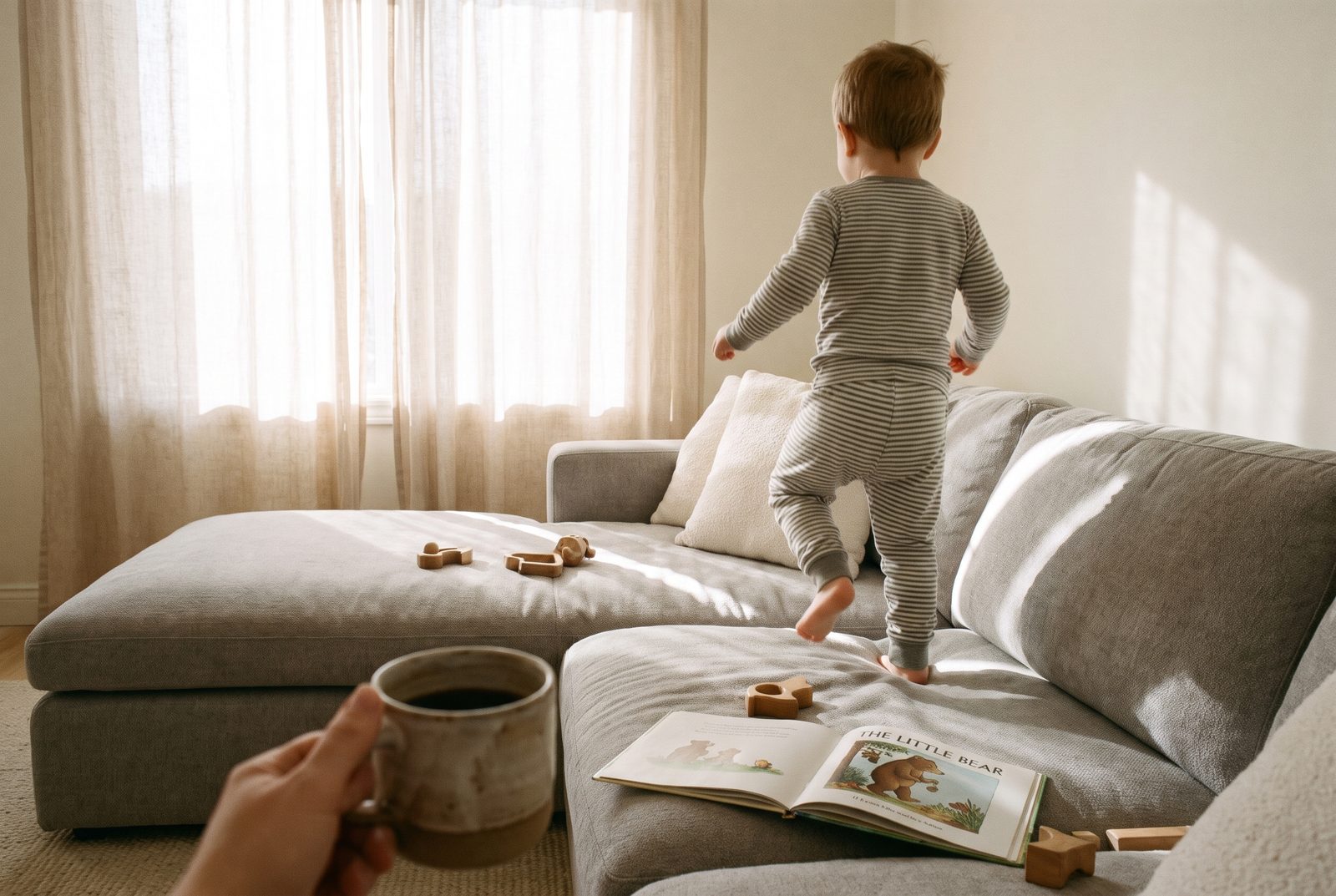 A toddler climbing on a soft grey sofa while a parent holds a mug