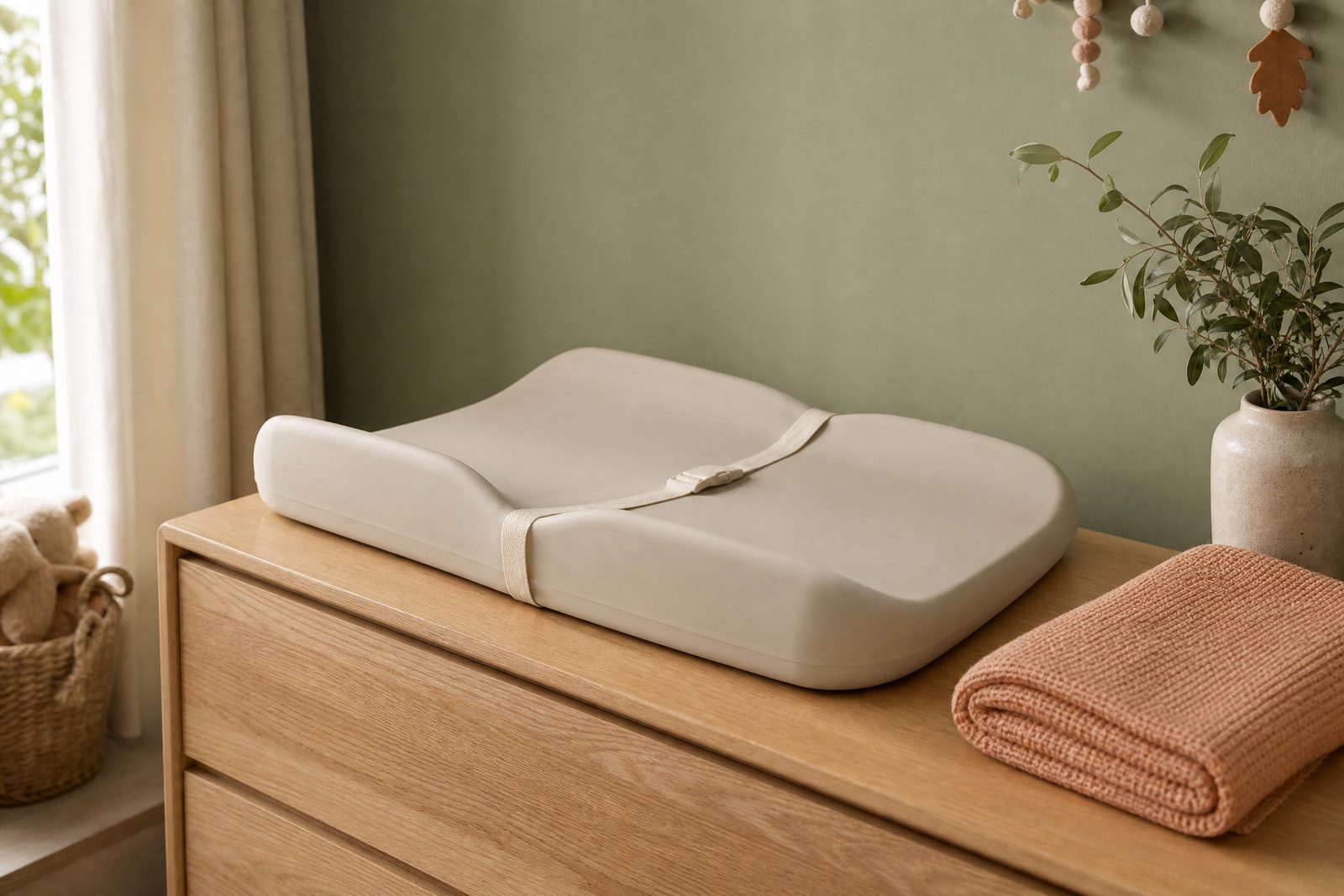 A soft contoured changing pad on an oak dresser